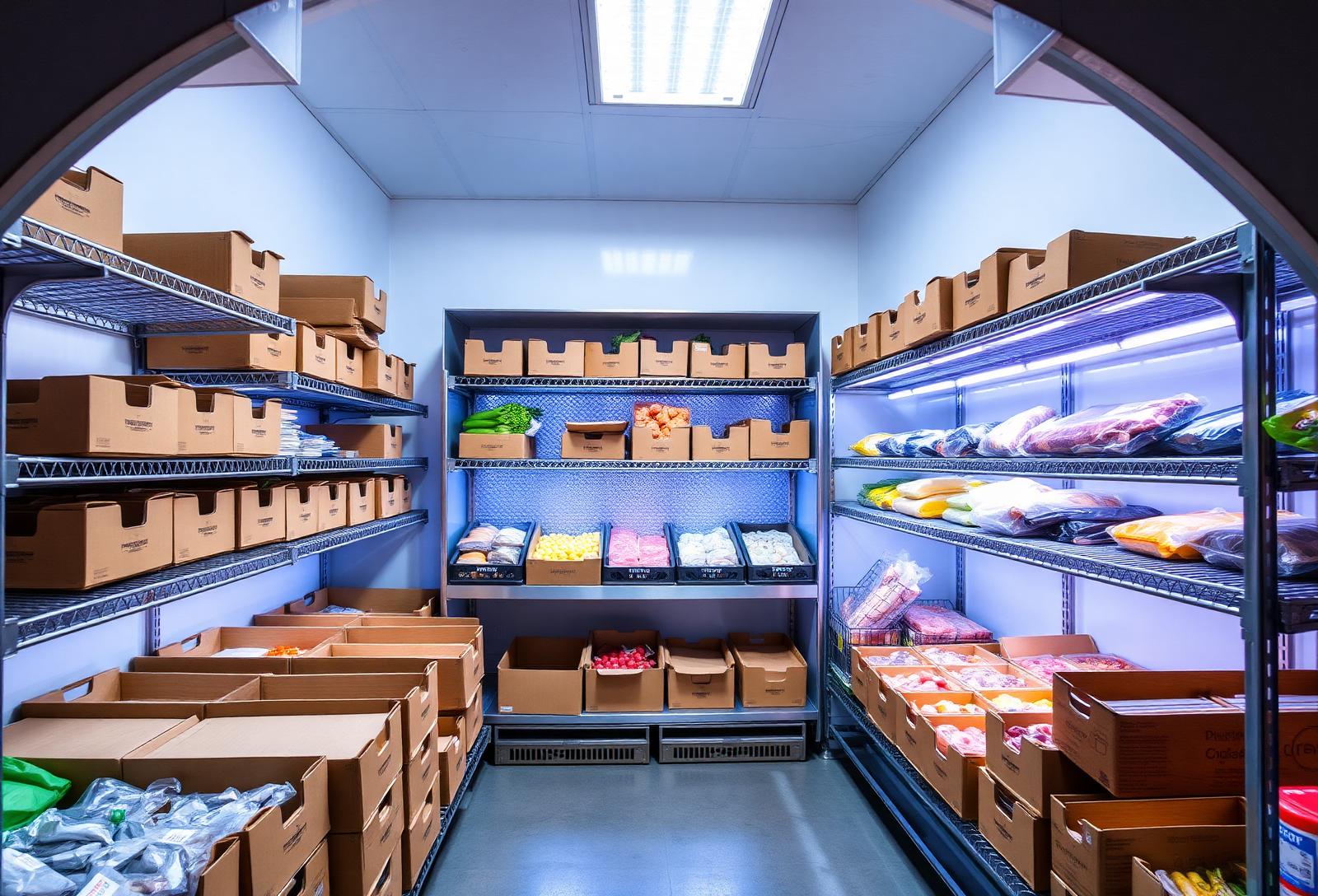 Interior of a commercial cold room stocked with fresh provisions