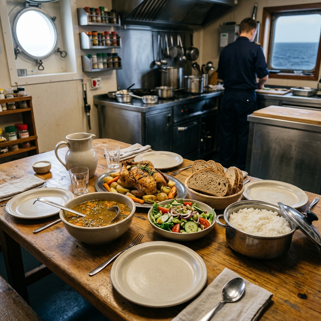 Meal spread in a ship galley