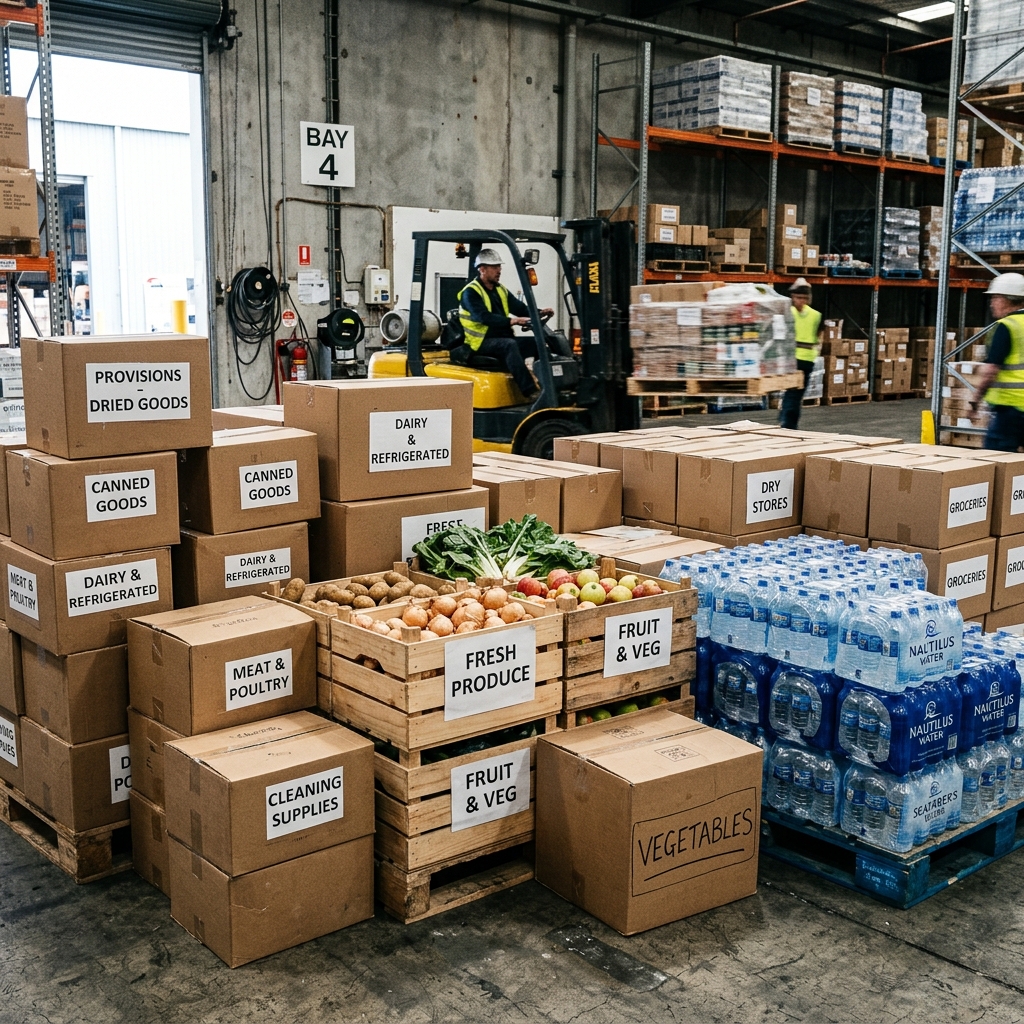 Provisions packed in labelled cardboard boxes and crates in a warehouse